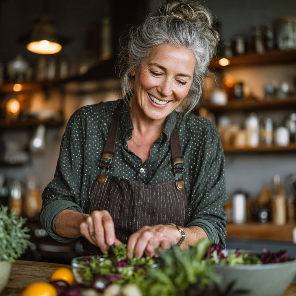 Happy middle-aged woman in her late 40s smiling while preparing a colorful, healthy salad in her modern kitchen, showing joy and satisfaction with healthy eating