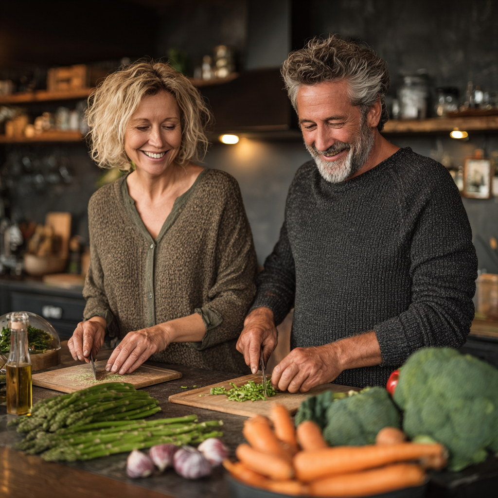 Middle-aged couple in their 50s cooking healthy vegetables together in a modern kitchen, smiling and enjoying meal preparation