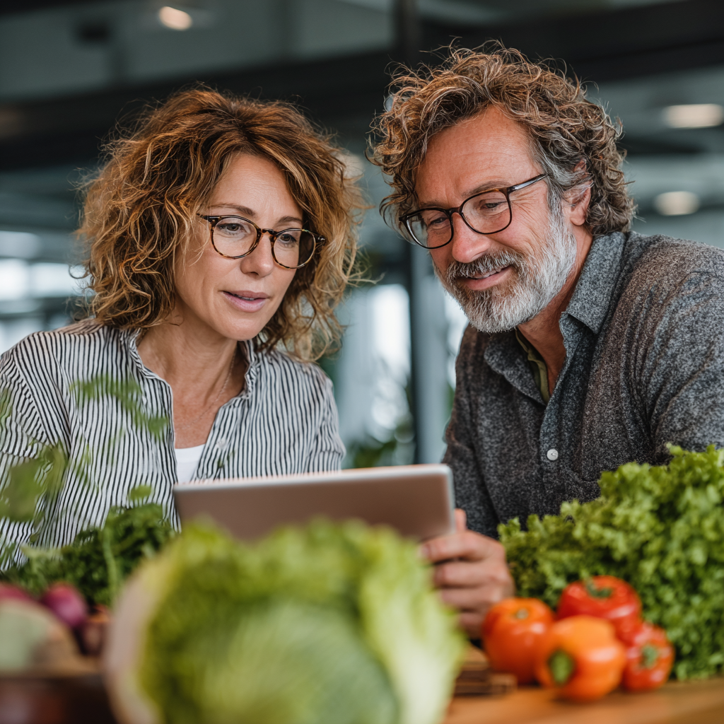 Professional nutritionist woman in her 40s consulting with a mature male client, both reviewing healthy meal plans on a tablet in a bright office setting